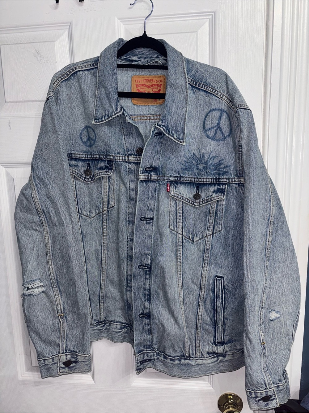 Levi's Light Blue Denim Jacket with Peace Sign Artwork